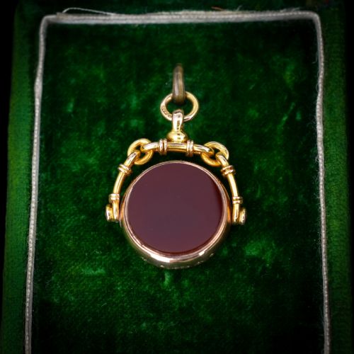 fig 1. Antique Bloodstone and Carnelian 9ct Gold Spinning Swivel Fob Pendant Dated 1902