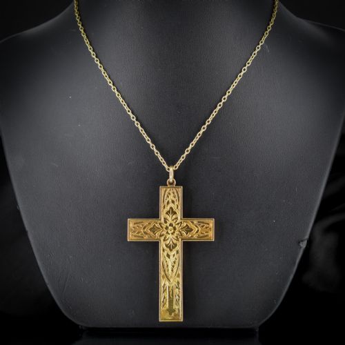Antique Large Engraved Cross Pendant and Chain Necklace