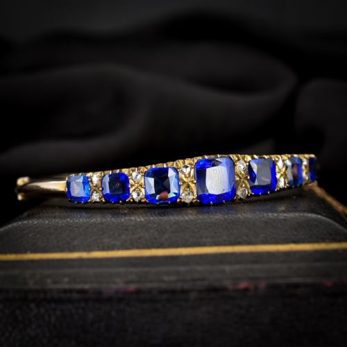 ANTIQUE SAPPHIRE PASTE AND DIAMOND 9CT GOLD BANGLE BRACELET - ADDITIONAL PHOTO 2