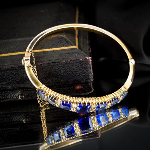 ANTIQUE SAPPHIRE PASTE AND DIAMOND 9CT GOLD BANGLE BRACELET - ADDITIONAL PHOTO 1