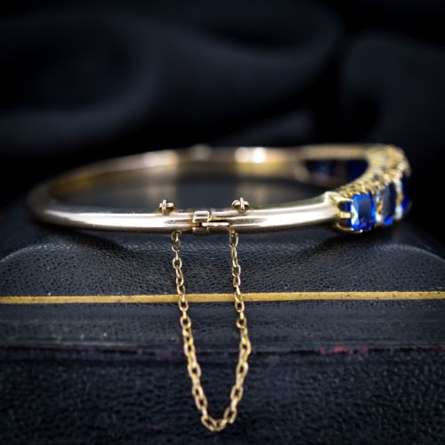 ANTIQUE SAPPHIRE PASTE AND DIAMOND 9CT GOLD BANGLE BRACELET - ADDITIONAL PHOTO 3