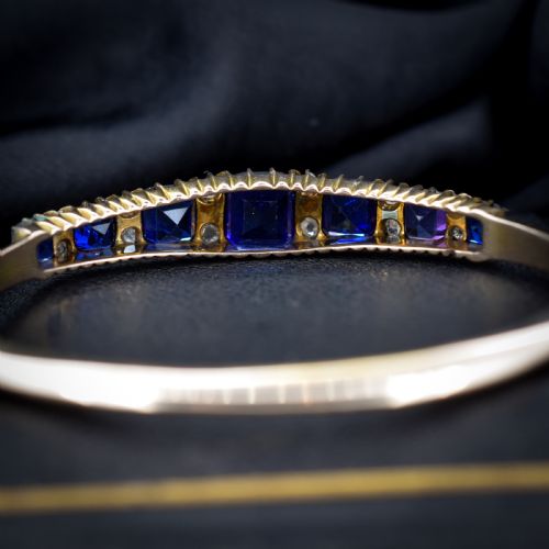 ANTIQUE SAPPHIRE PASTE AND DIAMOND 9CT GOLD BANGLE BRACELET - ADDITIONAL PHOTO 4