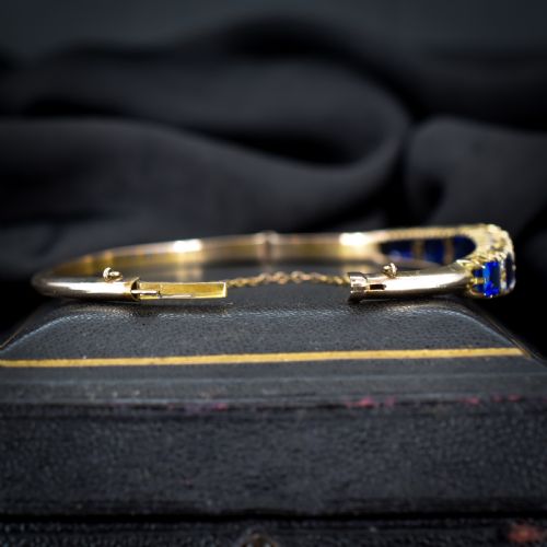ANTIQUE SAPPHIRE PASTE AND DIAMOND 9CT GOLD BANGLE BRACELET - ADDITIONAL PHOTO 5