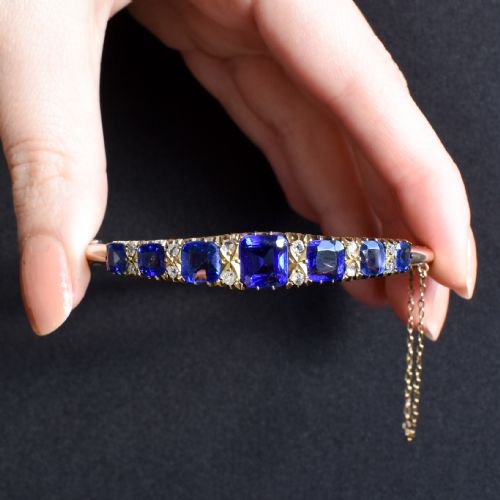 ANTIQUE SAPPHIRE PASTE AND DIAMOND 9CT GOLD BANGLE BRACELET - ADDITIONAL PHOTO 6
