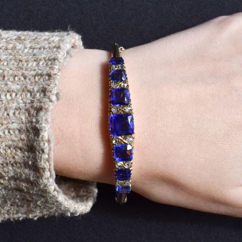 ANTIQUE SAPPHIRE PASTE AND DIAMOND 9CT GOLD BANGLE BRACELET - ADDITIONAL PHOTO 7