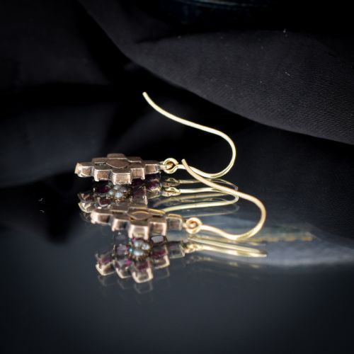 fig 2. Antique Georgian Flat Cut Garnet and Pearl 9ct Gold Drop Earrings