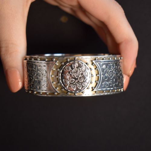 fig 1. Antique Victorian Sterling Silver Floral Studded Bangle Bracelet