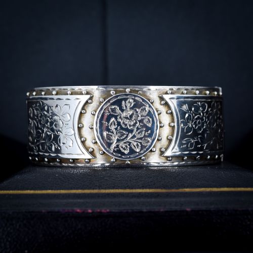 Antique Victorian Sterling Silver Floral Studded Bangle Bracelet
