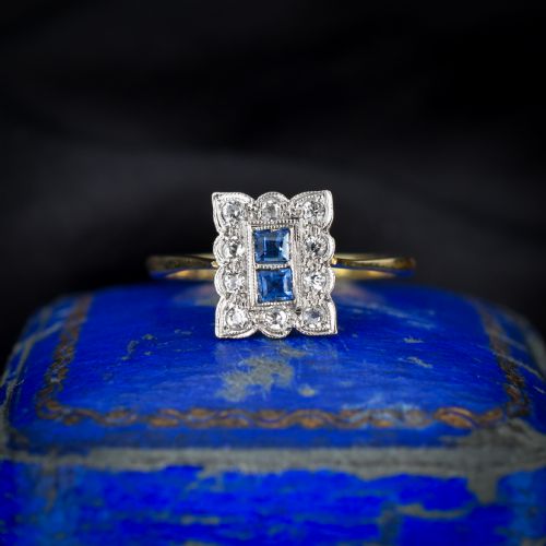 fig 1. Art Deco Blue Sapphire and Diamond Halo 18ct Yellow Gold and Platinum Ring Chester 1930