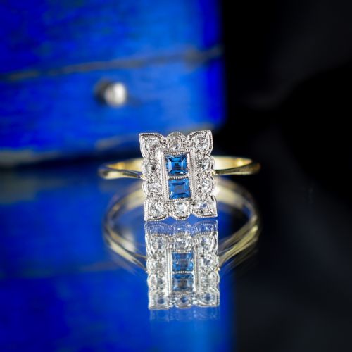 fig 2. Art Deco Blue Sapphire and Diamond Halo 18ct Yellow Gold and Platinum Ring Chester 1930