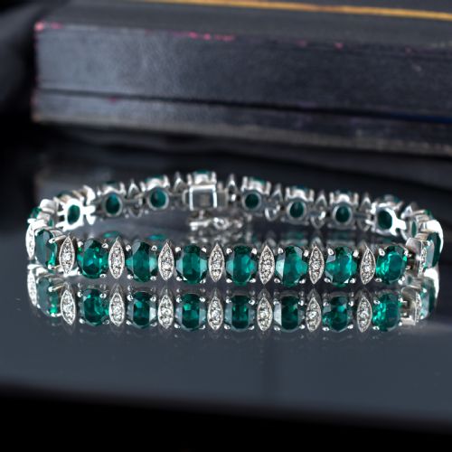 fig 2. Vintage Green Paste Silver Tennis Line Bracelet 6.75