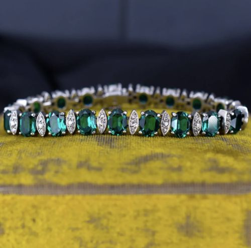 Vintage Green Paste Silver Tennis Line Bracelet 6.75"