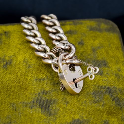 ANTIQUE 9CT GOLD CURB BRACELET WITH HEART PADLOCK AND KEY - ADDITIONAL PHOTO 6