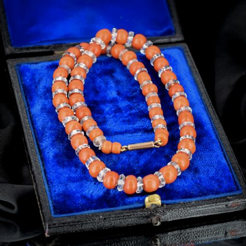 fig 1. Antique Natural Coral and Rock Crystal Short Beaded Necklace