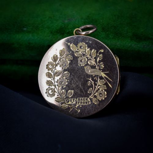 ANTIQUE 9CT GOLD ROUND FLOWER SWALLOW BIRD LOCKET PENDANT INITIALLED 'EL' - ADDITIONAL PHOTO 2