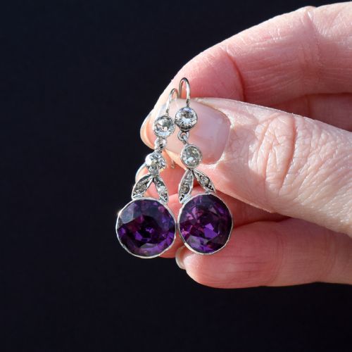ANTIQUE OLD CUT AMETHYST PASTE SILVER DROP EARRINGS - ADDITIONAL PHOTO 7