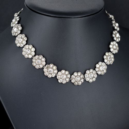 ANTIQUE VICTORIAN PASTE FLOWER DAISY SILVER COLLAR RIVIERE NECKLACE