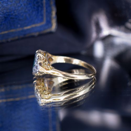 fig 2. Antique Victorian Old Cut Diamond and London Blue Topaz 18ct Yellow Gold Scroll Ring