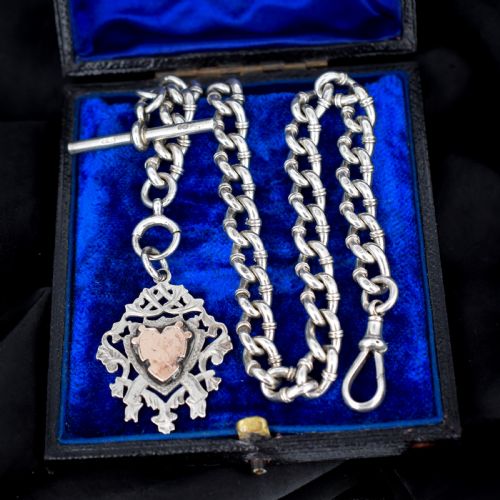 ANTIQUE STERLING SILVER FANCY ALBERT WATCH CHAIN NECKLACE WITH TBAR MEDAL AND DOG CLIP 14