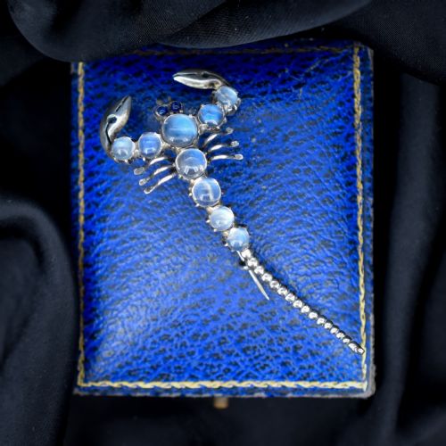 fig 1. An Edwardian sterling silver brooch designed in the shape of a scorpion, featuring cabochon moonstones along its body and small blue stones for eyes.