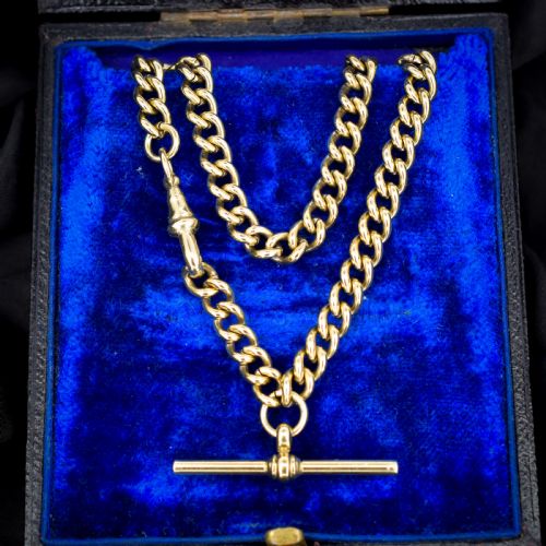 ANTIQUE ROLLED GOLD CURB LINK ALBERT CHAIN WITH TBAR AND DOG CLIP 125