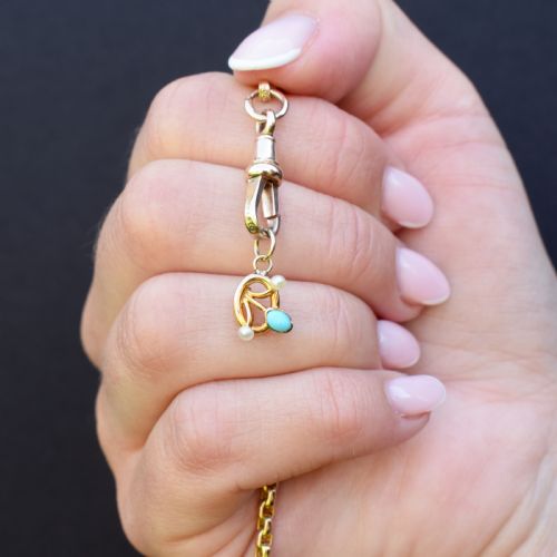 ANTIQUE TURQUOISE AND PEARL FLOWER 15CT GOLD CHARM PENDANT - ADDITIONAL PHOTO 1
