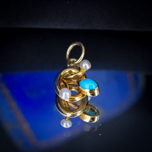 ANTIQUE TURQUOISE AND PEARL FLOWER 15CT GOLD CHARM PENDANT - ADDITIONAL PHOTO 2