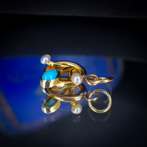 ANTIQUE TURQUOISE AND PEARL FLOWER 15CT GOLD CHARM PENDANT - ADDITIONAL PHOTO 4