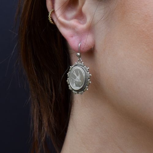 fig 2. Antique Victorian Swallow Bird Oval Silver Aesthetic Drop Dangle Earrings