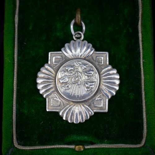 ART DECO HEAVY SILVER FLORAL FOB MEDAL MEDALLION PENDANT DATED 1930 - ADDITIONAL PHOTO 1