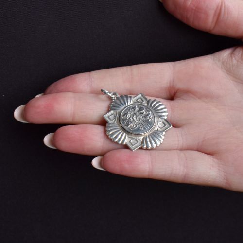 ART DECO HEAVY SILVER FLORAL FOB MEDAL MEDALLION PENDANT DATED 1930 - ADDITIONAL PHOTO 6