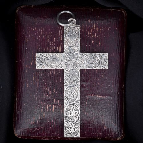 Antique Large Victorian Sterling Silver Statement Cross Drop Pendant - Dated 1882
