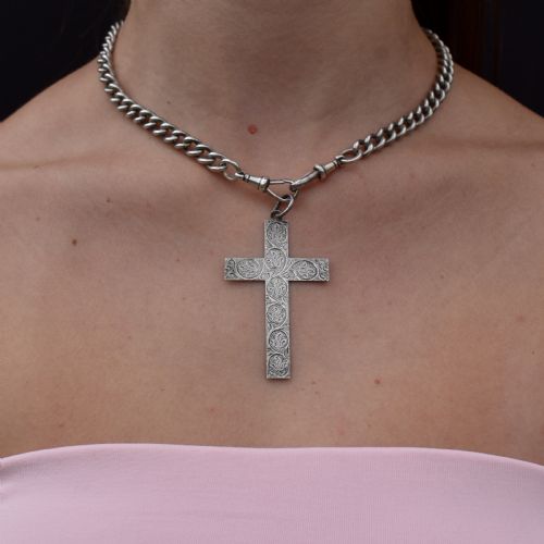 fig 1. Antique Large Victorian Sterling Silver Statement Cross Drop Pendant - Dated 1882