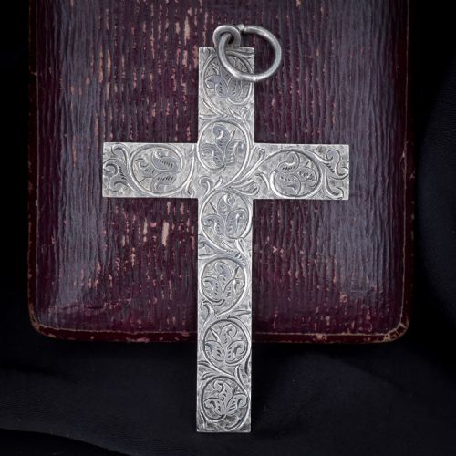 fig 2. Antique Large Victorian Sterling Silver Statement Cross Drop Pendant - Dated 1882
