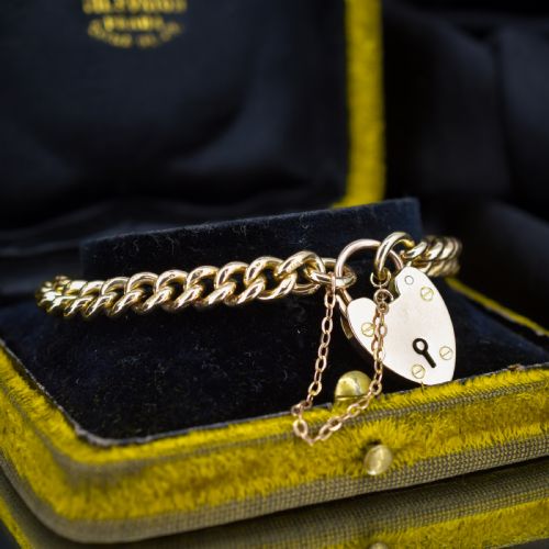 ANTIQUE HEART PADLOCK CURB 9CT GOLD BRACELET 75 - ADDITIONAL PHOTO 2