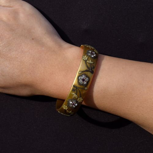 ANTIQUE 12CT GOLD FILLED FLORAL PASTE BANGLE BRACELET - ADDITIONAL PHOTO 1