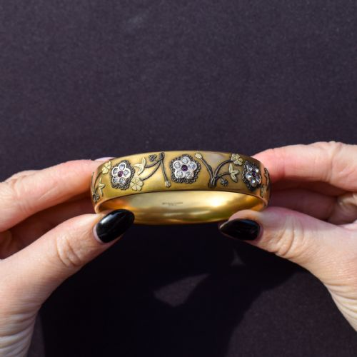ANTIQUE 12CT GOLD FILLED FLORAL PASTE BANGLE BRACELET - ADDITIONAL PHOTO 3