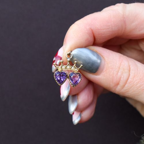 fig 1. Antique Amethyst and Pearl Double Heart Crown Gold Charm Pendant