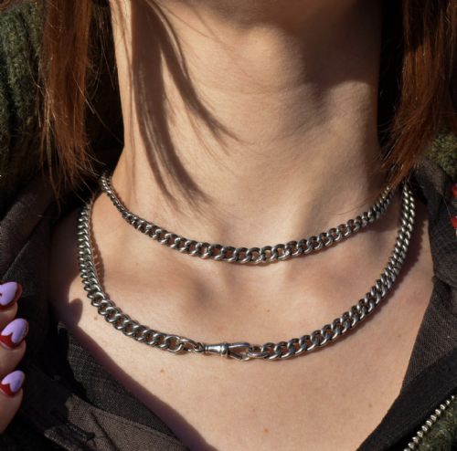 ANTIQUE STERLING SILVER CURB LINK CHAIN NECKLACE WITH DOG CLIP 325 - ADDITIONAL PHOTO 1