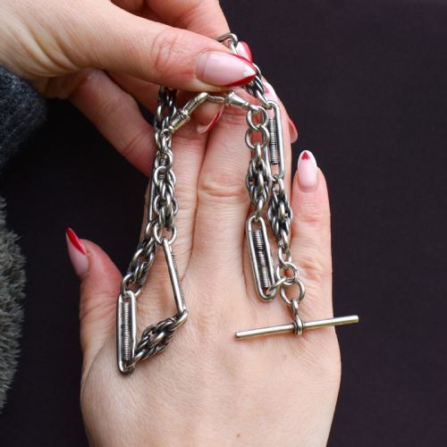ANTIQUE STERLING SILVER TROMBONE AND LOVE KNOT ALBERT CHAIN WITH DOG CLIPS 16 - ADDITIONAL PHOTO 2
