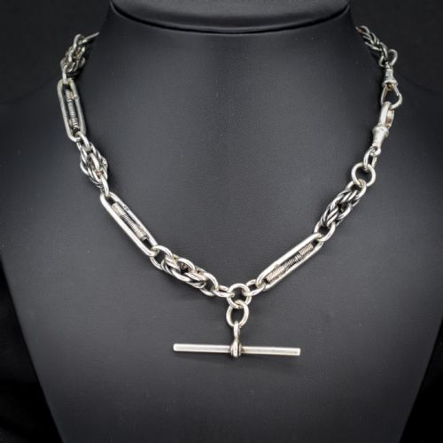 ANTIQUE STERLING SILVER TROMBONE AND LOVE KNOT ALBERT CHAIN WITH DOG CLIPS 16 - ADDITIONAL PHOTO 3