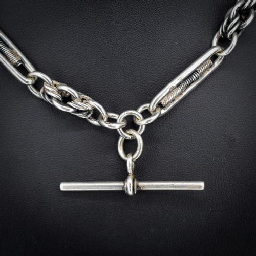 ANTIQUE STERLING SILVER TROMBONE AND LOVE KNOT ALBERT CHAIN WITH DOG CLIPS 16 - ADDITIONAL PHOTO 6