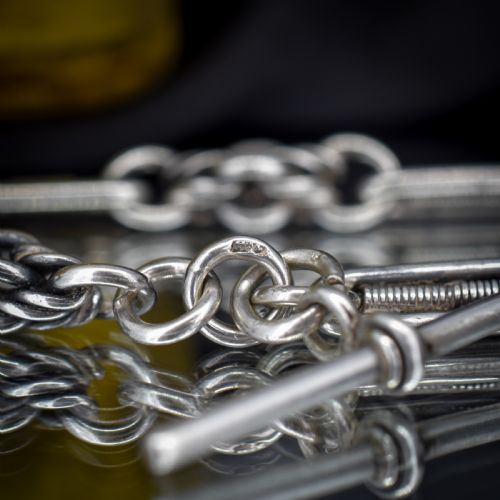 ANTIQUE STERLING SILVER TROMBONE AND LOVE KNOT ALBERT CHAIN WITH DOG CLIPS 16 - ADDITIONAL PHOTO 10