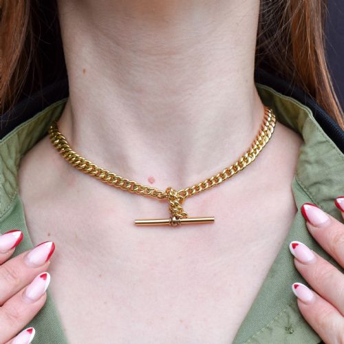 fig 1. Antique Rolled Gold Curb Chain with T-Bar and Double Dog Clips - 14.5