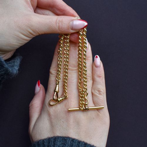 fig 2. Antique Rolled Gold Curb Chain with T-Bar and Double Dog Clips - 14.5