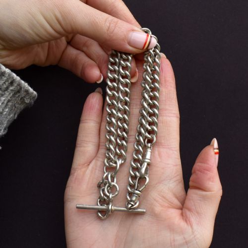 ANTIQUE STERLING SILVER CURB LINK ALBERT WATCH CHAIN NECKLACE TBAR DOG CLIPS 1625 - ADDITIONAL PHOTO 2