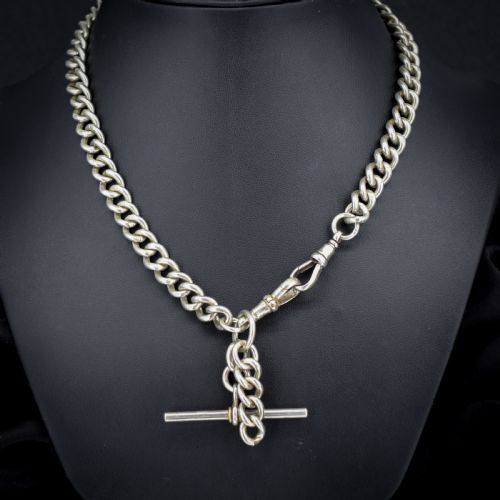 ANTIQUE STERLING SILVER CURB LINK ALBERT WATCH CHAIN NECKLACE TBAR DOG CLIPS 1625 - ADDITIONAL PHOTO 3