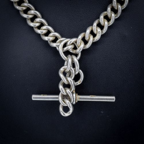 ANTIQUE STERLING SILVER CURB LINK ALBERT WATCH CHAIN NECKLACE TBAR DOG CLIPS 1625 - ADDITIONAL PHOTO 5