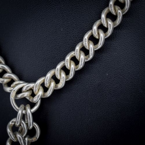 ANTIQUE STERLING SILVER CURB LINK ALBERT WATCH CHAIN NECKLACE TBAR DOG CLIPS 1625 - ADDITIONAL PHOTO 6