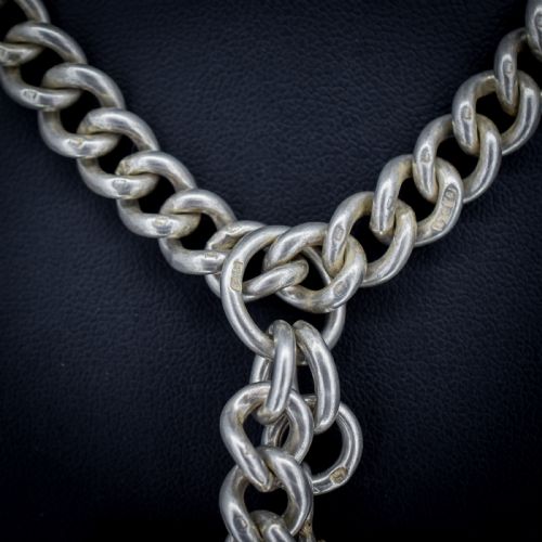 ANTIQUE STERLING SILVER CURB LINK ALBERT WATCH CHAIN NECKLACE TBAR DOG CLIPS 1625 - ADDITIONAL PHOTO 7